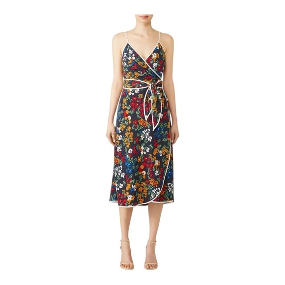 TORY BURCH Navy Blue Floral Grotto Midi Wrap Dress Size 8 - Picture 8 of 15